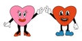 Retro 70s 60s 80s Hippie Groovy Valentine day lovely Hearts Characters girl and boy. Show peace sign. Royalty Free Stock Photo