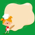 Bread or pizza dough background and little girl chef with rolling pin. Cooking background with dough. Vector illustration