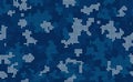 Halftone digital navy camouflage. Pattern in blue tones, camo grid, dot background. Seamless vector texture