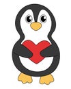 Cartoon Valentine day Penguin character. Cute Penguin hold heart. Vector flat illustration.