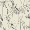 Elegant seamless pattern with hand drawn line garden and tropical flowers.