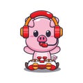 Cute pig gamer cartoon vector illustration. Royalty Free Stock Photo