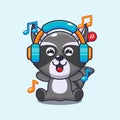 raccoon listening music with headphone cartoon vector illustration.