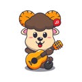 Cute ram sheep playing guitar cartoon vector illustration.