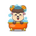 Cute ram sheep taking bubble bath in bathtub cartoon vector illustration.