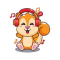 Cute squirrel listening music with headphone cartoon vector illustration.