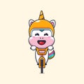 Cute unicorn ride on bicycle cartoon vector illustration.