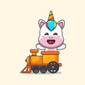 Cute unicorn ride on train cartoon vector illustration.