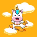 Cute unicorn ride on plane jet cartoon vector illustration.