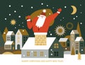 Christmas and New Year Greeting card. Santa Coming Down the Chimney