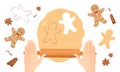 Baking gingerbread man. Hands making dough for christmas cookies. Royalty Free Stock Photo