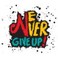 Never give up. Inspirational quote. Hand drawn lettering.