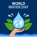 illustration vector graphic of hand catching a water drop containing a world map, showing green leaves and water splashes