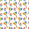 Title: Seamless Pattern with Cute LGBT Lollipop rainbow on stick and flowers. Candy in form heart. LGBTQ. Royalty Free Stock Photo