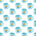 Seamless Pattern with LGBT Cute Cup with rainbow heart. LGBTQ background. Symbol of the LGBT pride community
