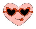 Heart Pink Character for Valentine Day in sunglasses. Smile and show tongue. Mascot in groovy and Y2k style