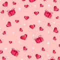 Gift Boxes Seamless Love Pattern with paper hearts on pink background. Royalty Free Stock Photo