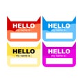 Set of four frames with the words hello and hello in red color. Identity sticker on a white background. Vector illustration. Royalty Free Stock Photo