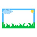 Frame with clouds and sun on a white background. Vector illustration. Label name sticker design, with bright and cute colors. Royalty Free Stock Photo