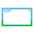 Frame with clouds and sun on a white background. Vector illustration. Label name sticker design, with bright and cute colors. Royalty Free Stock Photo