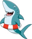 Cute shark cartoon using a buoy in summer Royalty Free Stock Photo