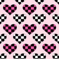 Seamless Pattern with Hearts in chessboard in emo style. Y2k. Black, white and pink. Vector flat illustration. Royalty Free Stock Photo