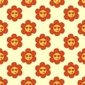 Retro Seamless Pattern 70s 60s 80s Hippie Groovy cute flower shows tongue. Smiling face. Valentine Day background. Flower power Royalty Free Stock Photo