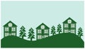 Houses on the hill with coniferous trees. Vector illustration. collection of houses in the mountains surrounded by pine trees. Royalty Free Stock Photo