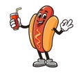 Hot dog with a soft drink and okay hand pose cartoon mascot illustration character vector clip art Royalty Free Stock Photo