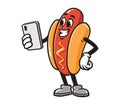 Hot dog with playing gadget cartoon mascot illustration character vector clip art
