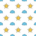Seamless pattern with yellow suns and clouds. Simple Sunny cloudscape background. Vector flat illustration. Royalty Free Stock Photo