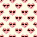 Seamless Pattern with Heart Pink Character for Valentine Day in sunglasses. Smile and show tongue. Mascot in groovy and Y2k style