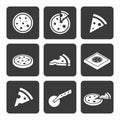 Set of 9 Simple Pizza Icons: Whole, Slice, Isometric, Pizza Box, Cutter. White Silhouettes on Black Background. Vector Design Royalty Free Stock Photo