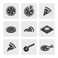 Set of 9 Simple Pizza Icons: Whole, Slice, Isometric, Pizza Box, Cutter. Black Silhouettes Isolated on White. Vector Design