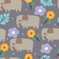 seamless pattern cartoon elephant with flower and plant