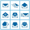 Email icons set on blue background. Vector illustration. Collection of mail and messaging icons. Design elements Royalty Free Stock Photo