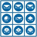 Email icons set on blue background. Vector illustration. Collection of mail and messaging icons. Design elements Royalty Free Stock Photo