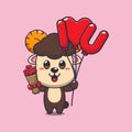 Cute ram sheep cartoon character holding love balloon and love flowers. Royalty Free Stock Photo