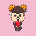 Cute ram sheep cartoon character holding love heart. Royalty Free Stock Photo