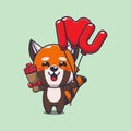 Cute red panda cartoon character holding love balloon and love flowers. Royalty Free Stock Photo