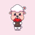 Cute sheep cartoon character holding love in wood bucket.