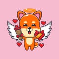 Cute shiba inu cupid cartoon character holding love gift and love bouquet.