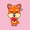 Cute shiba inu cartoon character holding love heart.
