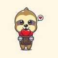 Cute sloth cartoon character holding love in wood bucket.