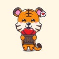 Cute tiger cartoon character holding love in wood bucket.