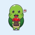 Cute turtle cartoon character holding love in wood bucket.