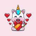 Cute unicorn happy with love gift in valentine\'s day.