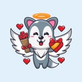 Cute wolf cupid cartoon character holding love gift and love bouquet.