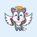 Cute wolf cupid cartoon character holding love arrow.