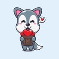 Cute wolf cartoon character holding love in wood bucket.